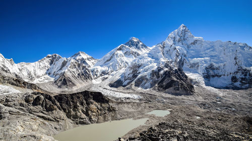 Scenic view of snowcapped mountains against clear blue sky