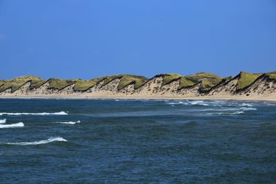 Scenic view of sea against clear blue sky