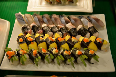 High angle view of sushi in plate on table