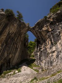 Low angle view of rock formation against clear sky