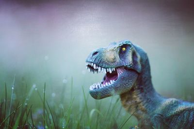 Close-up of dinosaur on field