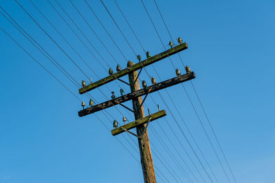 Low angle view of electricity pylon against clear blue sky