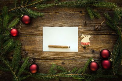 Directly above shot of christmas decorations on table