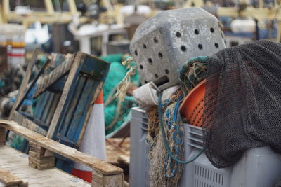 Close-up of fishing net in crate