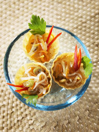 High angle view of noodles in bowl on table