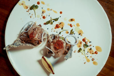 High angle view of breakfast served on table