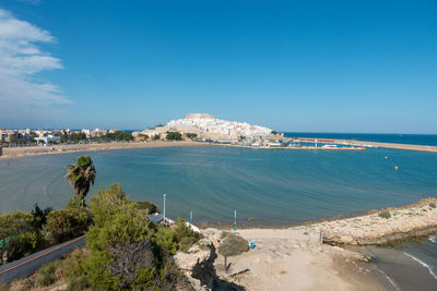 High angle view of sea against blue sky