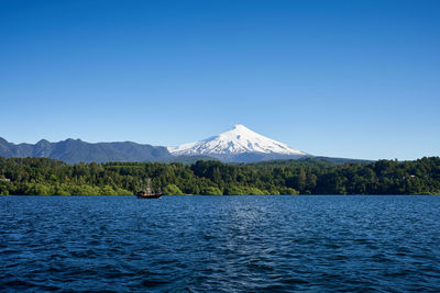 Scenic view of snowcapped mountains against clear blue sky