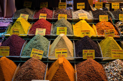 High angle view of various spices displayed at market stall