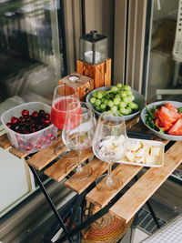 High angle view of fruits on table in restaurant