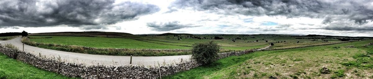 Scenic view of grassy field against cloudy sky