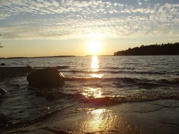 View of calm beach at sunset