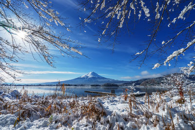 Scenic view of mountains against blue sky