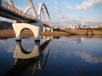 Reflection of bridge in water against sky