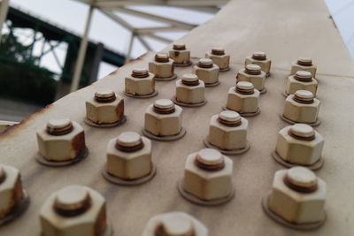 High angle view of coins on table