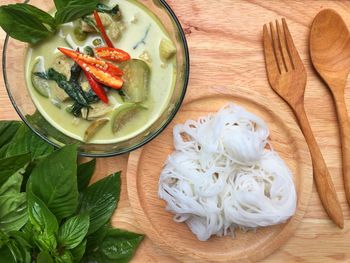 High angle view of salad in bowl on table