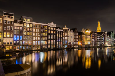 Reflection of illuminated buildings in city at night