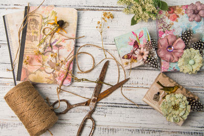 High angle view of various flowers on table