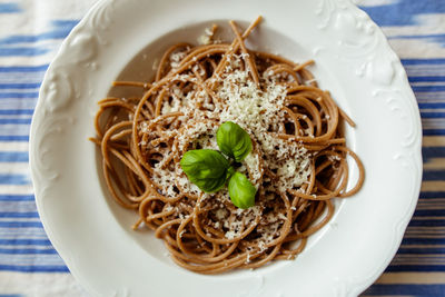 High angle view of noodles in bowl on table