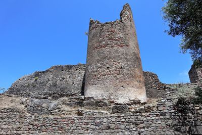 Low angle view of old building against clear blue sky