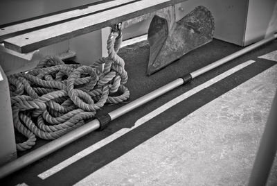 High angle view of tied up on rope