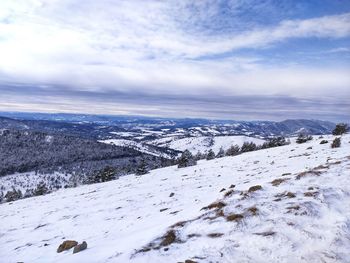 Snow covered landscape against sky