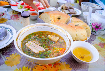 High angle view of meal served on table