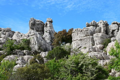 Low angle view of rock formations against sky