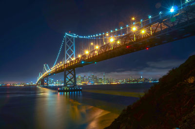 Suspension bridge over river at night