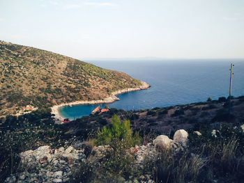 High angle view of bay against sky