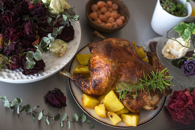 High angle view of food served on table