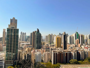 Modern buildings in city against clear sky