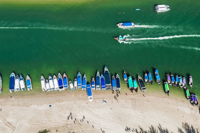 High angle view of speed boat passenger on the beach and sailing on the sea pang nga thailand 