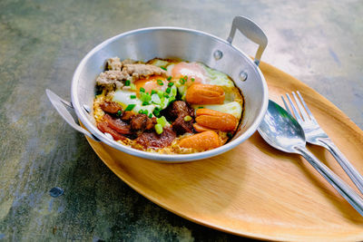 High angle view of food in plate on table