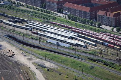 High angle view of trains in city