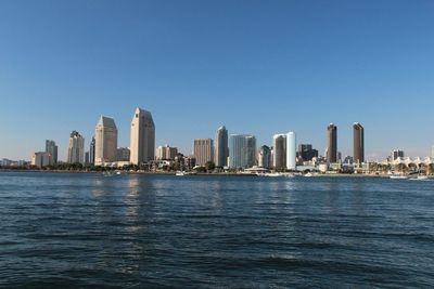 City skyline against blue sky