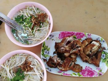 High angle view of food in plate on table