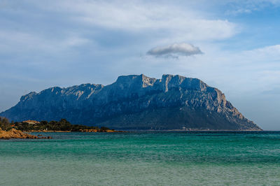 Scenic view of sea by mountains against sky