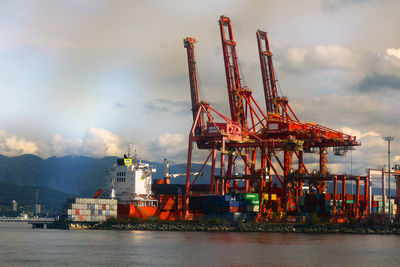 Cranes at commercial dock against sky