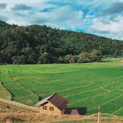 High angle view of agricultural field against sky