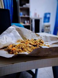 Close-up of food served on table