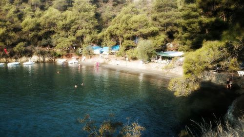 Group of people swimming in lake