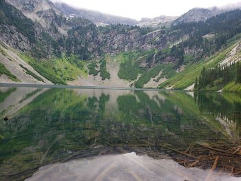 Scenic view of lake by mountains against sky