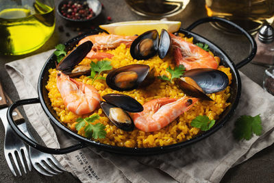 High angle view of food in plate on table