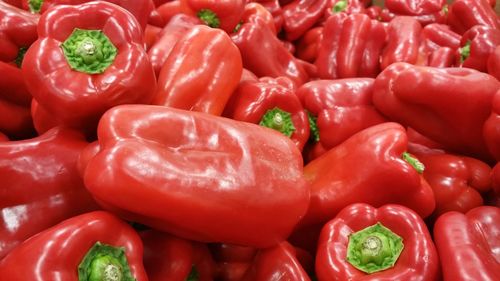 Full frame shot of red bell peppers for sale in market