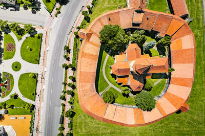 Aerial view of medieval church fortress