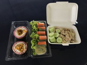 High angle view of food served on table