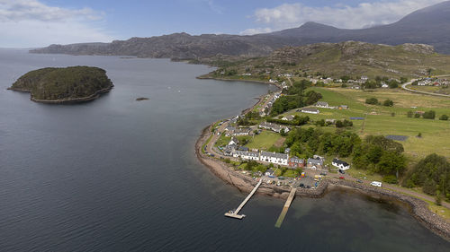 An aerial view of the village of shieldaig in the scottish highlands, uk