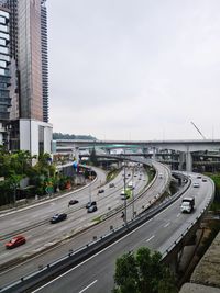 High angle view of city street against sky