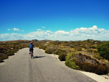 Rear view of man riding bicycle on road against blue sky